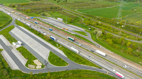 Traffic on a highway, construction site - aerial view