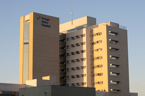 San Diego, CA, USA - May 14, 2022: Scripps Mercy Hospital San Diego in Hillcrest, the city's longest-established and only Catholic medical center.