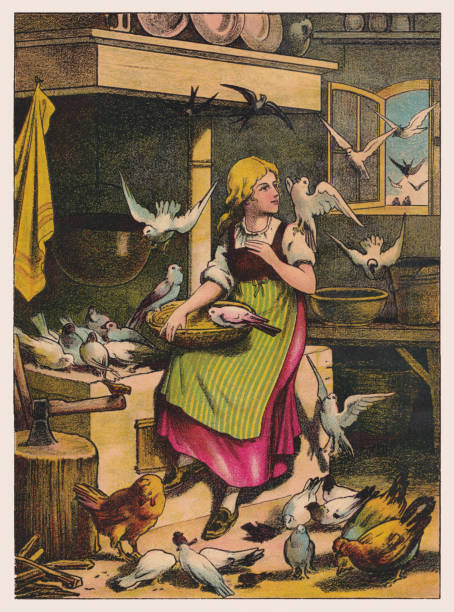 Cinderella (Grimms' Fairy Tales), chromollithograph, published ca. 1895 Cinderella (German: Aschenputtel). Fairy tale by the Brothers Grimm. Chromolithograph after a drawing, published ca. 1895. brothers grimm stock illustrations