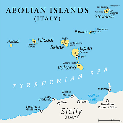 Aeolian Islands, Italia, political map. Volcanic archipelago in the Tyrrhenian Sea north of Sicily. Sometimes called  Lipari Islands. Lipari, Vulcano, Salina, Stromboli, Filicudi, Alicudi and Panarea.