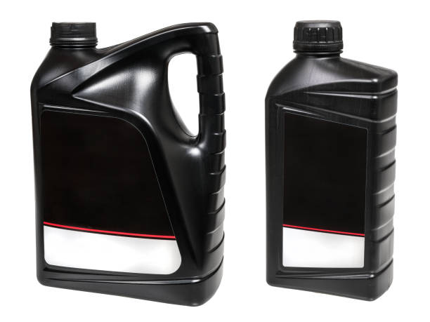 Two sizes of black plastic containers with stickers isolated on a white background