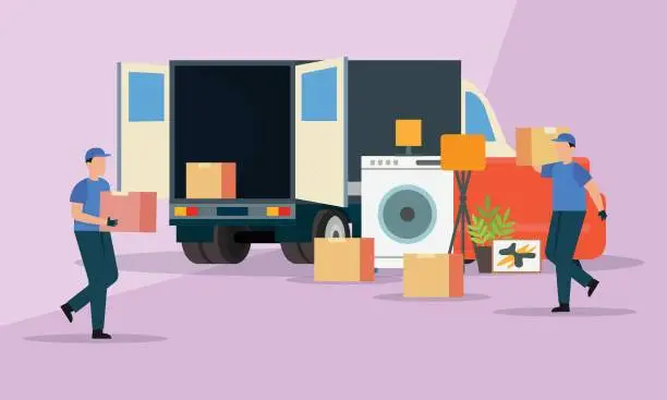 Vector illustration of Moving House. Man with cardboard boxes