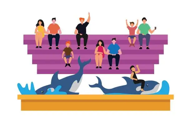 Vector illustration of People watching dolphin show 2d vector