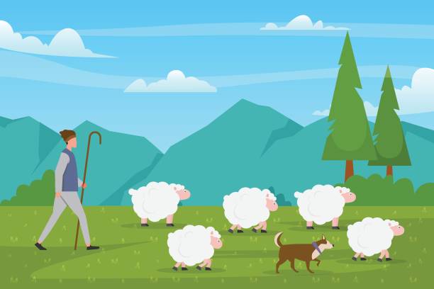 ilustraciones, imágenes clip art, dibujos animados e iconos de stock de carácter de pastor con perro y ovejas en hermoso paisaje - flock of sheep