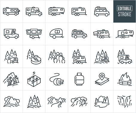 A set of recreational vehicles or RV icons that include editable strokes or outlines using the EPS vector file. The icons include a motorhome, travel trailer, fifth wheel, truck camper, camper, van camper, tent camper, recreational vehicles, class C motorhome, class B motorhome, camper standing next to RV in mountains, family in the outdoors camping, travel trailer in the mountains with pine trees in the background, truck camper in the mountains, campers hiking in the mountains, batteries for an RV, electric outlet for a recreational vehicle, propane tank, map, fire in a fire pit, mountain range, beauty in nature, mountain scene, great outdoors, lake in the mountains and a rock cliff canyon among others.