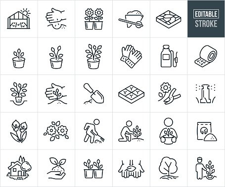 A set of garden nursery icons that include editable strokes or outlines using the EPS vector file. The icons include a greenhouse with plants, hand planting seeds, flowers in flower pots for planting, wheelbarrow filled with soil, rock pavers, trees in planting pots, gardening gloves, pump sprayer, sod, planting a tree, hand protecting a tree sapling, garden trowel and soil, planter boxes with plants growing, cut flower with gardening shears, sprinkler irrigation, flowers, bouquet of flowers, person preparing ground for gardening using a rake, person tending to a planted tree, gardener holding a tree in a planter bucket, fertilizer, house with landscaping, hand holding a plant growing from soil, plants in planter pots, mature tree and a garden nursery worker showing how to plant a tree.