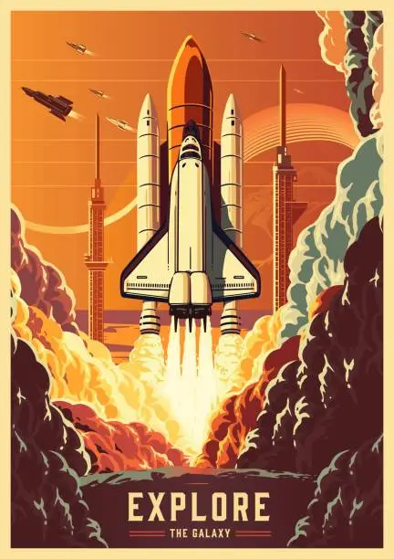 Vector illustration of Space ship vintage flyer colorful