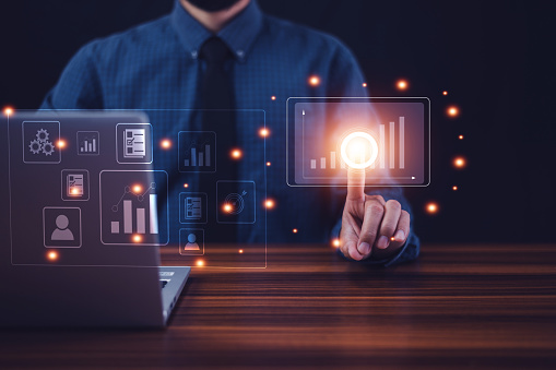 Businessman Using Computer Data Management And Paperless Document ...