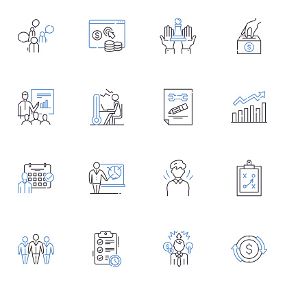 Saving Strategy outline icons collection. Budgeting, Investment, Frugality, Planning, Conserving, Efficiency, Thriftiness vector and illustration concept set. Economizing,Reduction linear signs and symbols