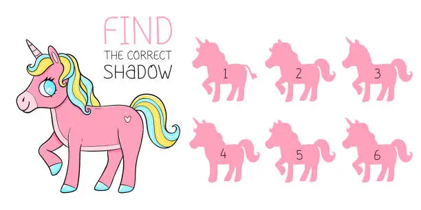 Vector illustration of Find the correct shadow game with horse unicorn. Educational game for children. Cute cartoon unicorn. Shadow matching game. Vector illustration.