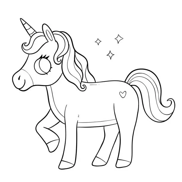 Vector illustration of Unicorn coloring book for kids. Horse Coloring page. Monochrome black and white illustration. Vector children's illustration.