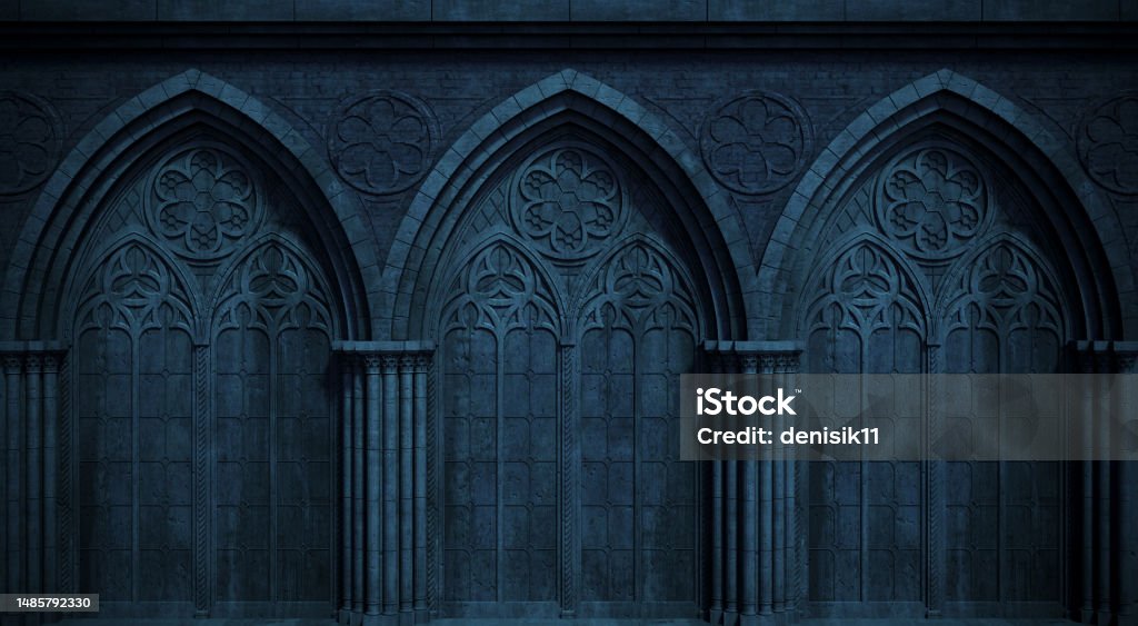 Abandoned night castle with a large gothic window or crypt 3d illustration. Abandoned night castle with a large gothic window or crypt. Cathedral medieval architecture Stained Glass Stock Photo