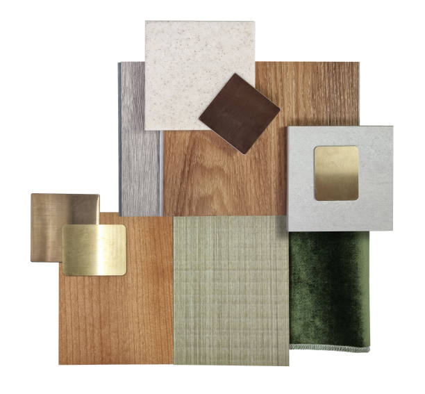 istock interior design samples for architecture decoration consists wooden vinyl flooring tiles, stone tile, quartz, gold stainless, veneer, green velvet drapery isolated on background with clipping path. 1485794223