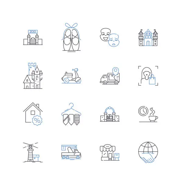 Vector illustration of Retail park line icons collection. Megastore, Outlets, Warehouse, Convenience, Retail, Supermarket, Shopping vector and linear illustration. Selection,Recreation,Amusement outline signs set