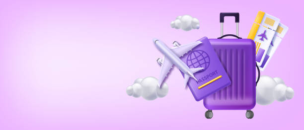 istock 3D plane travel vacation banner, vector passport, airplane ticket, suitcase bag summer holiday. 1485794458