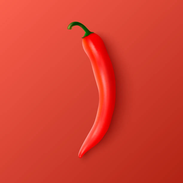 istock Vector 3d Realistic Red Whole Fresh and Hot Chili Pepper Closeup Isolated on Red Background. Spicy Chili Hot Pepper Design Template. Top View. Vector Illustration 1485797347