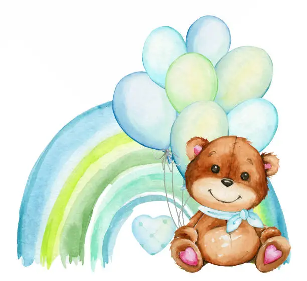 Vector illustration of Cute teddy bear, on a rainbow background, holding balloons, blue color. Watercolor concert in cartoon style, on an isolated background.