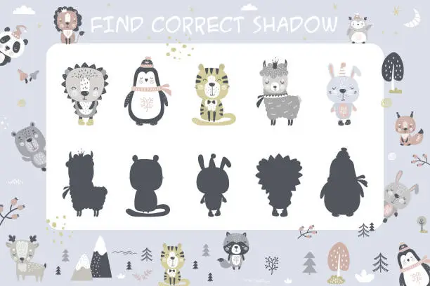 Vector illustration of Find correct shadow. Kids educational game. Forest animals. Tiger, hedgehog, penguin, llama and rabbit, wildlife in scandinavian style. Logic game, workpage template