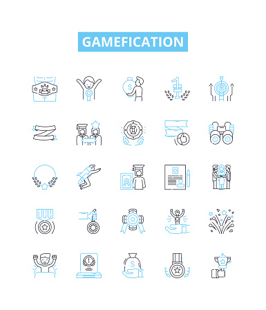 Gamefication vector line icons set. Gamification, Game, Gaming, Reward, Motivate, Points, Goal illustration outline concept signs and symbols