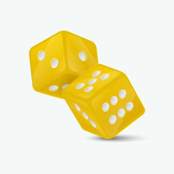 векторные 3d реалистичные желтые игровые кости с белыми точками, установленные крупным планом, изолированные на белом фоне. игровые кубики � - three dimensional yellow three dimensional shape luck stock illustrations