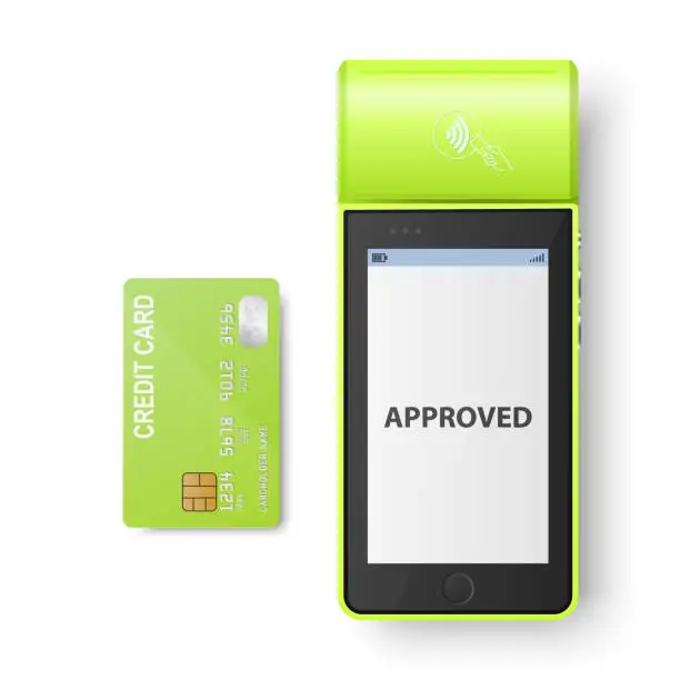 Vector illustration of Vector 3d Green NFC Payment Machine with Approved Status and Green Credit Card. Wi-fi, Wireless Payment. POS Terminal, Machine Design Template of Bank Payment Contactless Terminal, Mockup. Top View