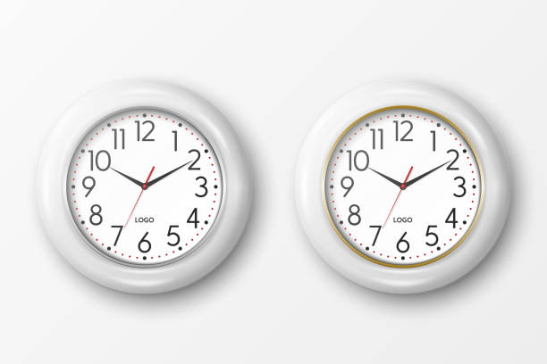 Vector 3d Realistic Round White Wall Office Clock Icon Set Closeup Isolated on White Background. Wooden Watches, Design Template, Mock-up for Branding, Advertise. Front View Vector 3d Realistic Round White Wall Office Clock Icon Set Closeup Isolated on White Background. Wooden Watches, Design Template, Mock-up for Branding, Advertise. Front View. clock wall clock face clock hand stock illustrations