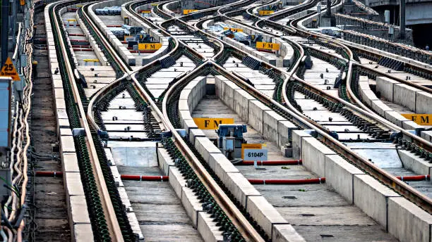 Photo of Complex metro railway train switching layout for shifting of train from one track to another.