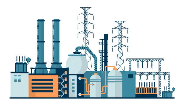Vector illustration of Electricity generation, gas power plant. Industrial factory and plant buildings