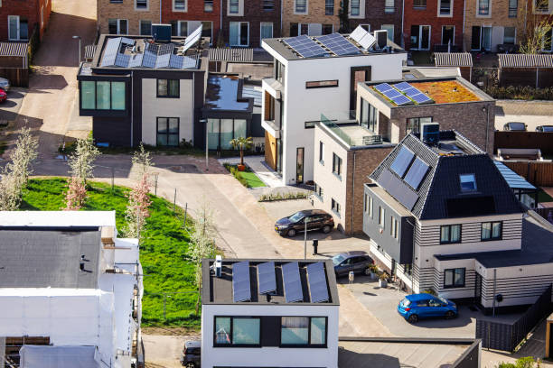 Solar panels on residential housing rooftops in the Netherlands