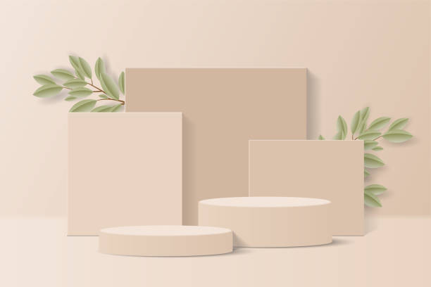istock beige or brown pastel color minimal scene in studio room. realistic 3d brown cylinder podium pedestal stand with rectangle shape overlap, tree branch, leaf. Product display Presentation. 1485804647