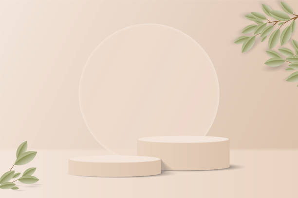 istock beige or brown pastel color minimal scene in studio room. realistic 3d brown cylinder podium pedestal stand with tree branch, round glass shape . Product display Presentation. Cosmetic display. 1485805285