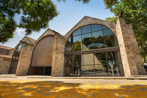 Barcelona, Spain - June 17, 2022:  Exterior entrance of the Maritime Museum building by the port harbour of downtown Barcelona Catalonia Spain