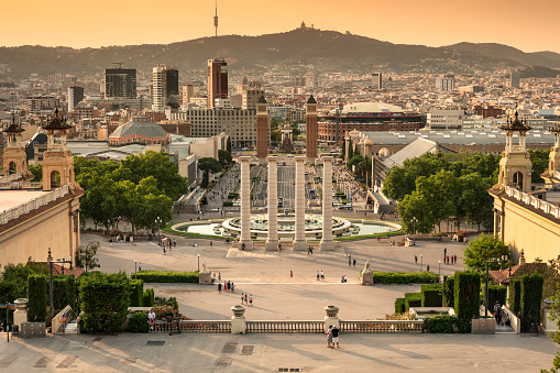 Barcelona, Spain - June 17, 2022:  City skyline view from the top of Montjuïc and the grounds of the National Palace Art Museum in Barcelona Catalonia Spain