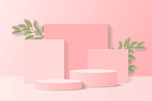 istock Pink pastel color minimal scene in studio room. realistic 3d pink cylinder podium pedestal stand with rectangle shape overlap, tree branch, leaf. Product display Presentation. Stage for showcase. 1485805726