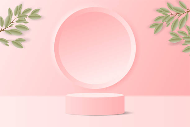 istock Pink pastel color minimal scene in studio room. realistic 3d pink cylinder podium pedestal stand with tree branch and leaf, round shape. Product display Presentation. Stage for showcase. 1485805813