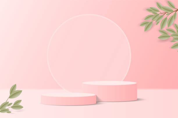istock Pink pastel color minimal scene in studio room. realistic 3d pink cylinder podium pedestal stand with tree branch, leaf and round glass shape . Product display Presentation. Stage for showcase. 1485805859
