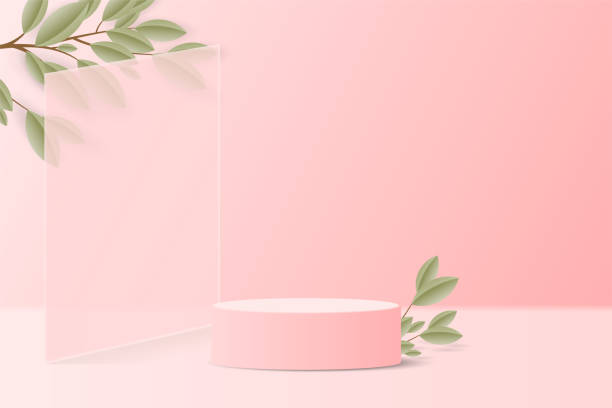 istock Pink pastel color minimal scene in studio room. realistic 3d pink cylinder podium pedestal stand with tree branch, leaf and rectangle glass shape. Product display Presentation. Stage for showcase. 1485805907