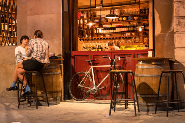 Barcelona Spain outdoor patio bar night life in the summer stock photo