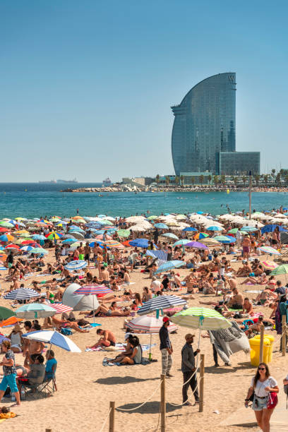 A crowd of people suntan on the sea shore sand of Barceloneta Beach in Barcelona Spain stock photo