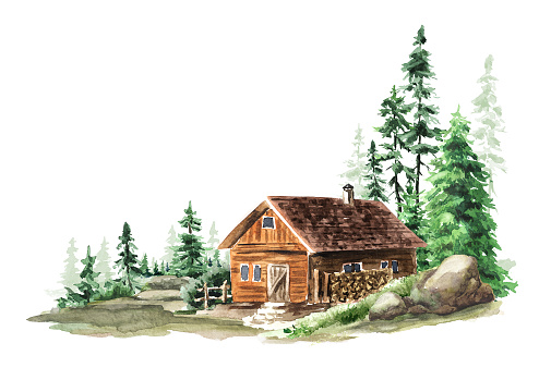 Cozy country house near the forest, woodland. Hand drawn watercolor illustration, isolated on white background