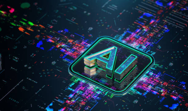 istock Powerful AI processor on futuristic PCB. A Look into the Future. Futuristic AI icon processing data. Glowing data transfer flowing from the inside. 3D render 1485820940