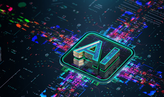Powerful AI processor on futuristic PCB. A Look into the Future. Futuristic AI icon processing data. Glowing data transfer flowing from the inside. 3D render