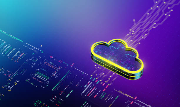 The Power of Cloud Computing. Transforming Industries and Customer Service. A Look into the Future. Yellow cloud icon processing data. 3D render stock photo