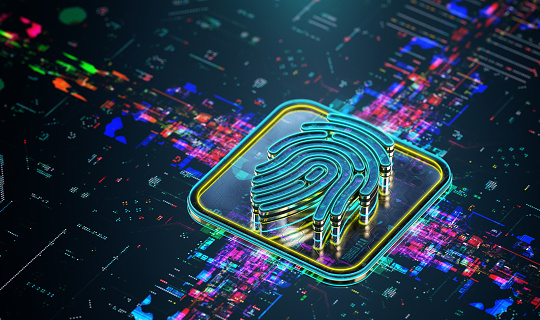 Biometric fingerprint authentication. Biometric safety concept. Modern futuristic technology background. 3D render