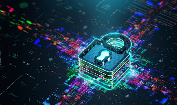 Security Evolution. Trends and Innovations of Internet Safety. Cybersecurity In The Future. Futuristic lock icon on black background. 3D render