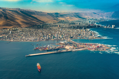 Iquique, Tarapaca Region, Chile - July 09, 2015: Aerial view of the port city of Iquique in northern Chile at the shores of the Atacama Desert.