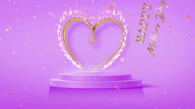 Animated pink podium with hearts flying in the air. Video Mother's Day, Podium for product, cosmetic presentation. Mock up. Pedestal or platform for beauty. 3D Illustration with gold special effects