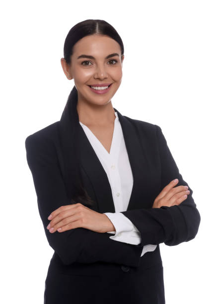 istock Portrait of hostess in uniform on white background 1485823848