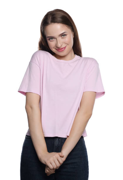 istock Embarrassed young woman in shirt on white background 1485823867