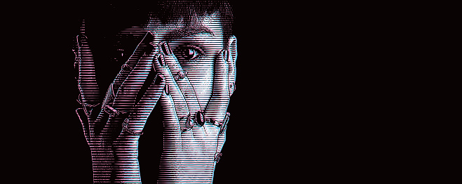 Close up portrait of woman hiding face with hands peeking through fingers with Glitch Technique